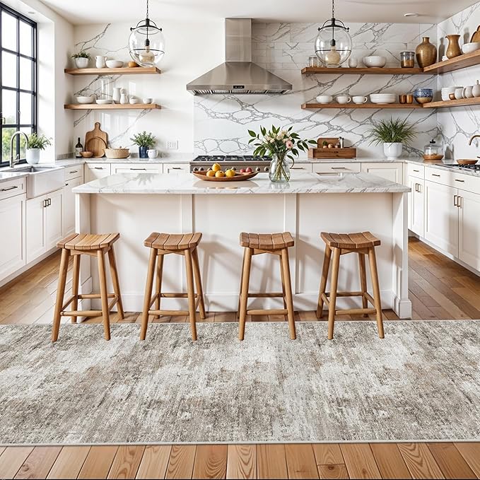 3x10 Ft Long Hallway Runner Rug - Non-Slip Washable Kitchen Runner Rug with Rubber Backing | Modern Abstract Wide Floor Carpet Runner for Indoor Entryway, Bedroom, Living Room, Beige/Grey/Brown