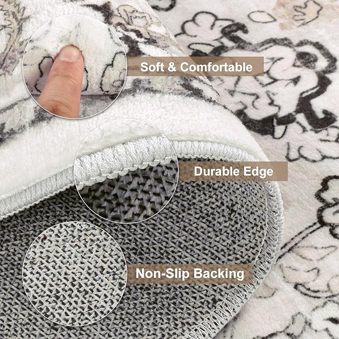 LOKHOM Washable Runner Rug, 2x10 Non-Slip Vintage Farmhouse Hallway Runner Rug with Rubber Backing, Boho Soft Faux Wool Kitchen Rug Carpet Runner for Kitchen Laundry Entryway Bedroom (Cream White)