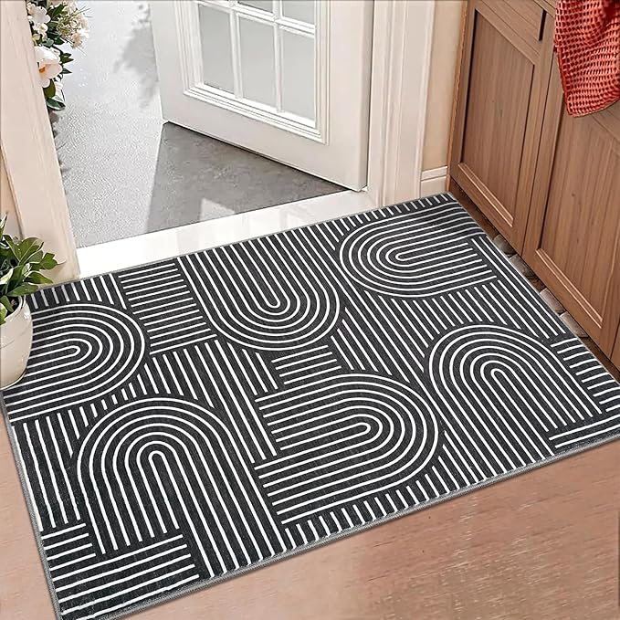 Washable Rug 2x3 Area Rugs for Entryway, Abstract Rug for Bedroom, Soft Rainbow Non Slip Small Area Rug with Rubber Back, Low Pile Stain Resistant Boho Geometric Carpet for Dining Room, Black