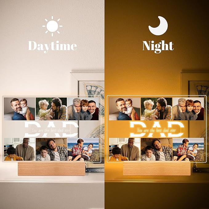 Personalized Gifts for Dad from Daughter Son, Custom Picture Frames with Photo, Customized Photo Frame with Night Light, Personalized Dad Birthday Gifts for Dad Baby Kids Family