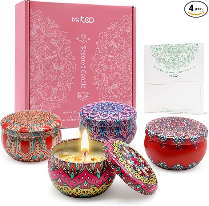 Scented Candles Gift Set for Women Soy Candles 4 Pack Natural Aromatherapy with Dried Flowers in Reusable Tins Relaxation Gift for Birthday Mother's Day Valentine's Day Christmas New Home