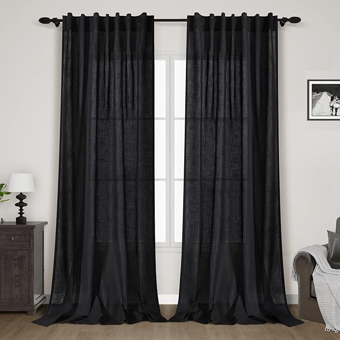 Black Linen Curtains 132 inch Extra Long for Living Room Back Tab Light Filtering Semi Sheer Drapes Modern Farmhouse Muslin Look Decor Cotton Textured Curtain for Floor to Ceiling Window 11 FT