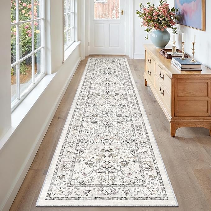 LOKHOM Washable Runner Rug, 2x10 Non-Slip Vintage Farmhouse Hallway Runner Rug with Rubber Backing, Boho Soft Faux Wool Kitchen Rug Carpet Runner for Kitchen Laundry Entryway Bedroom (Cream White)