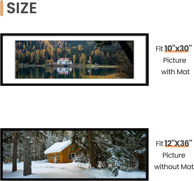 upsimples 12x36 Picture Frame, Display Pictures 10x30 with Mat or 12 x 36 Without, Wall Hanging Long Frames, Black, 1 Pack