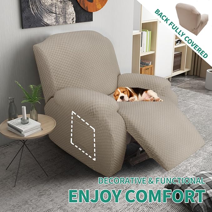 YEMYHOM 4 Pieces Stretch Recliner Slipcover Latest Jacquard Recliner Chair Cover with Side Pocket Anti-Slip Fitted Recliner Cover Couch Furniture Protector with Elastic Bottom (Recliner, Khaki)