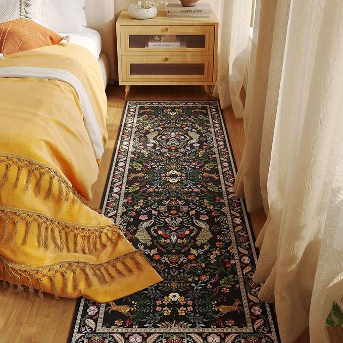 Rugcomf 2x5 Runner Rug - Floral Machine Washable Kitchen Rug, Non-Slip Low Pile Boho Carpet for Hallways, Laundry, Entryway, Bedroom, Bathroom - Vibrant Black