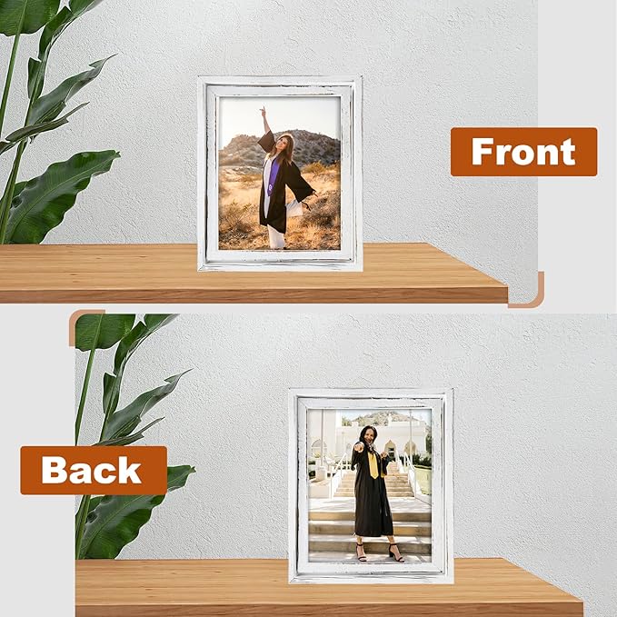 Egofine 2 Pack 8x10 Rotating Floating Picture Frames,Double-Sided Display with HD Glass Front Wooden Distressed Frame for Vertical or Horizontal Tabletop Display, White