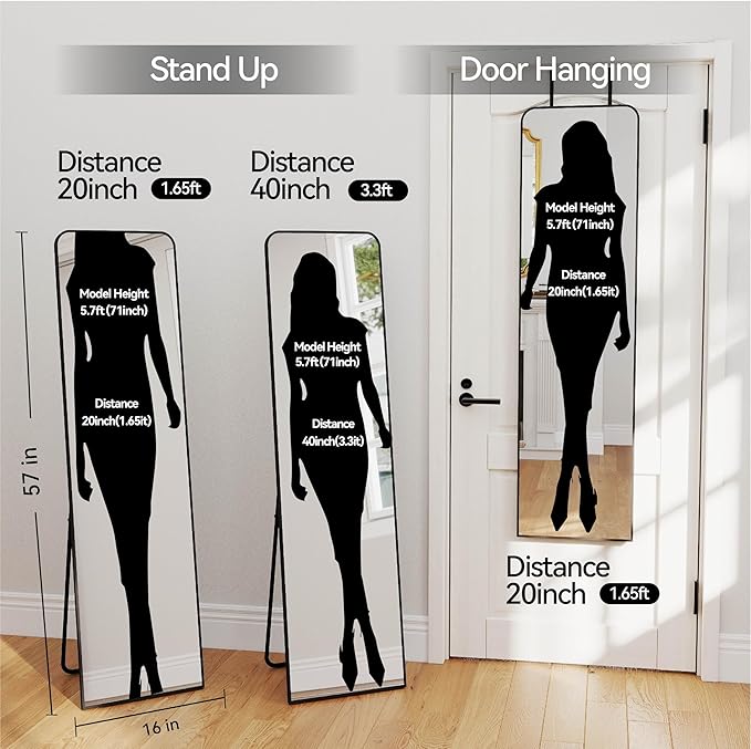SCWF-GZ Rectangle 57x16 Mirror Full Length Wall Mounted Hanging or Against Wall Metal Frame Dressing Make-up Mirrors for Entryway Bedroom Bathroom Living Room 57 16 inch Black