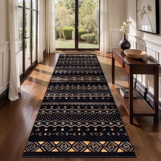 SERISSA Hallway Runner Rug, 2'6"x8' Washable Non-Slip Black and Gold Boho Rug, Soft Low-Pile Geometric Indoor Long Carpet for Kitchen Laundry Room Bathroom