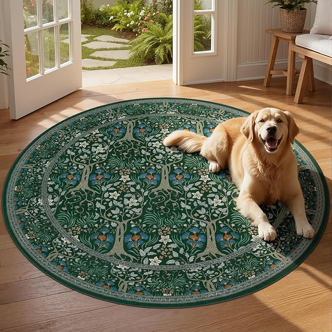 Joydeco Washable Round Area Rug for Living Room Bedroom, Soft Round Rugs 5ft Ultra-Thin Non-Slip, Vintage Throw Circle Carpet for Bathroom Kitchen Nursery,Dark Green Floral Décor