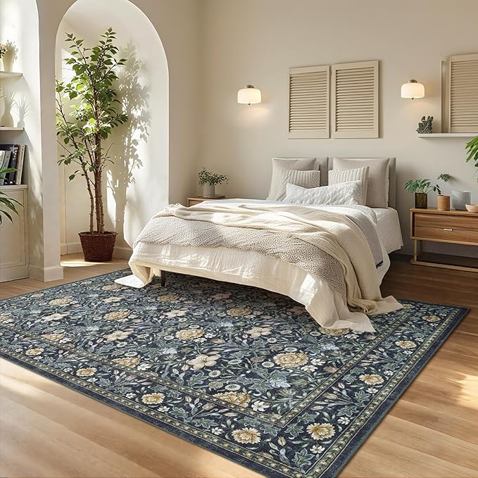 GarveeHome Washable Area Rug 6x9, Soft Vintage Floral Bedroom Rug Non Slip Low Pile Carpet Stain Resistant Throw Rug for Bedside Kids Room Office Dining Room