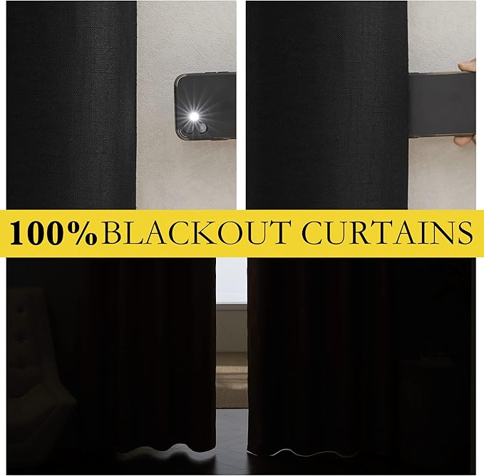 NICETOWN Vintage Open Linen Weave Flax Thermal Curtains, 100% Blackout Curtains 90 inches Long for Dining Room, Soundproof Window Treatment Drapes for Hall Room, Black, 34" Wide Per Panel, Set of 2