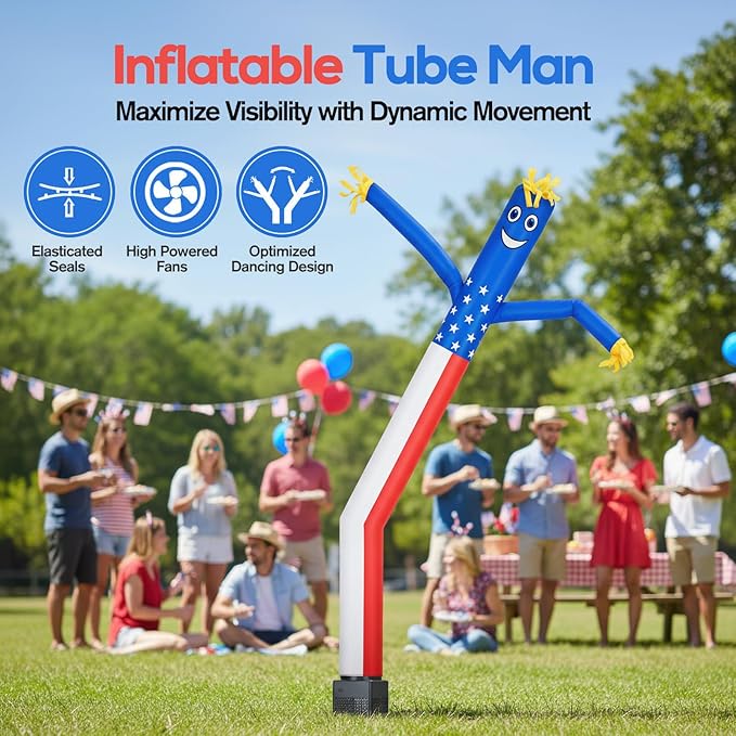 6ft American Flag Air Tube Dancer Inflatable Waving Tube Man with Lights & Built-in Blower - Wacky Waving Dancing Guy Set for Business Promotion