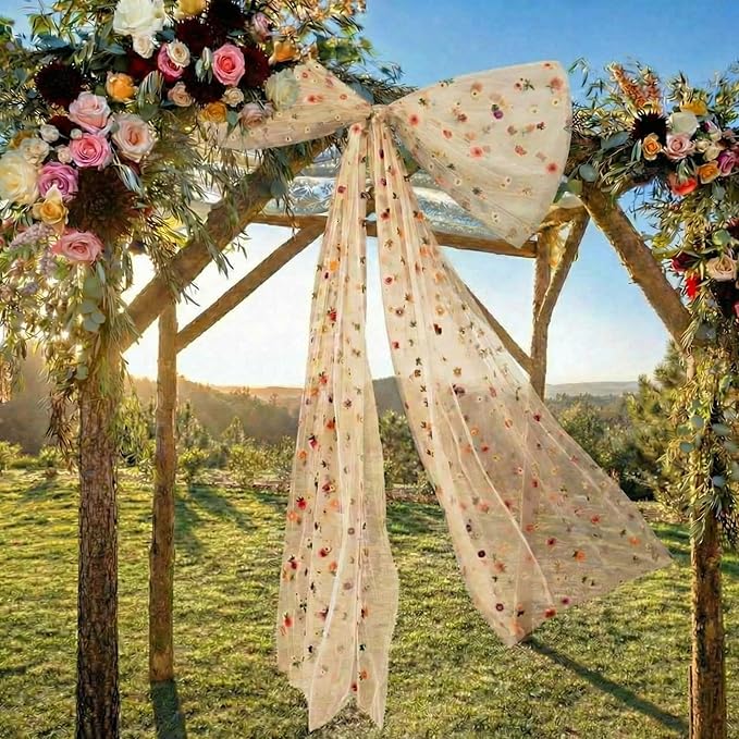 Canlierr Extra Large Embroidery Floral Tulle Bow Decorations 39 x 59 Inch Giant Champagne Organza Bow with Tie and Long Ribbon Tails for Spring Wedding Backdrop Coquette Room Wall Decoration