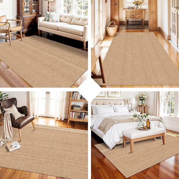 4x6 Jute Area Rug Washable: Non-Slip Indoor Floor Mat - Carpet for Living Room Entryway Kitchen Dining Room - Thin Low Pile Rugs Braided Woven Durable Farmhouse Decor (Beige,4x6)