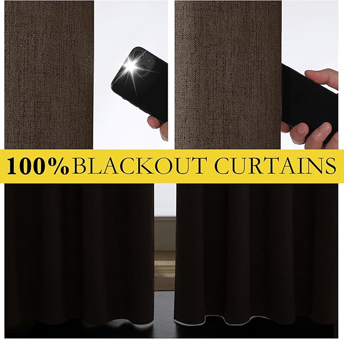 NICETOWN Coffee Vintage Linen 100% Blackout Curtains for Living Room, Thermal Insulated Curtains 48" Long, Noise Reducing Window Treatment Drapes for Hall Room, 52" Wide Per Panel, Set of 2