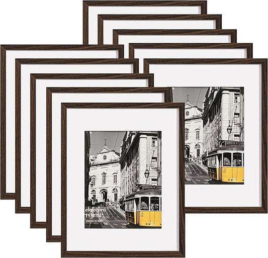 eletecpro 11x14 Picture Frames Set of 10, Picture Frames Collage Wall Decor Display 8x10 Photo With Mat or 11x14 without Mat, Home Decor Gallery Frame for Wall Mounting, Walnut Brown