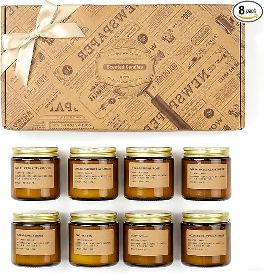 Scented Candles for Home, 8 Pack Soy Wax Candle Set, Aromatherapy Candles, Amber Jar Vintage Apothecary Style, 8 Scents Gift Set