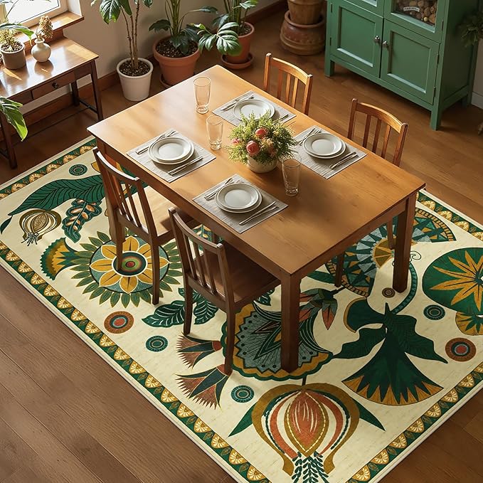 Joydeco Egypt Floral Boho 5x7 Area Rugs for Living Room, Washable Beige Area Rug for Bedroom Playroom Non Slip, Vintage Soft Indoor Carpet for Nursery Dining Room Entryway Bathroom