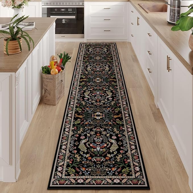 Rugcomf 2'7"x14' Long Hallway Runner Rug - Floral Washable Non Slip Boho Carpet for Kitchen, Entryway, Hall, Bathroom - Vibrant Black
