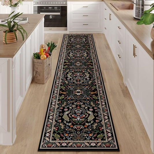 Rugcomf 2'7"x14' Long Hallway Runner Rug - Floral Washable Non Slip Boho Carpet for Kitchen, Entryway, Hall, Bathroom - Vibrant Black