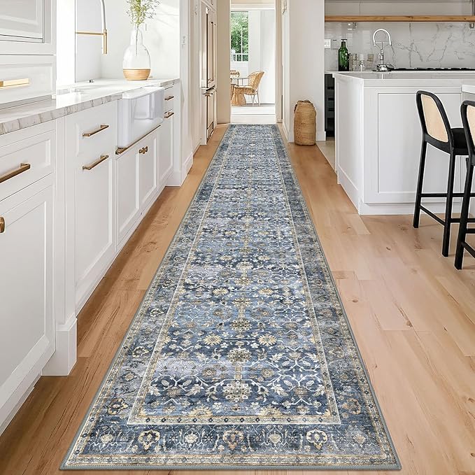 KUTA Vintage Washable Long Runner Rug, 2.6x18 Blue Grey Beige Runners for Hallways Non-Slip Kitchen Rugs Ultra Thin Soft Printed Distressed Floral Floor Carpet for Bedroom Living Room Nursery