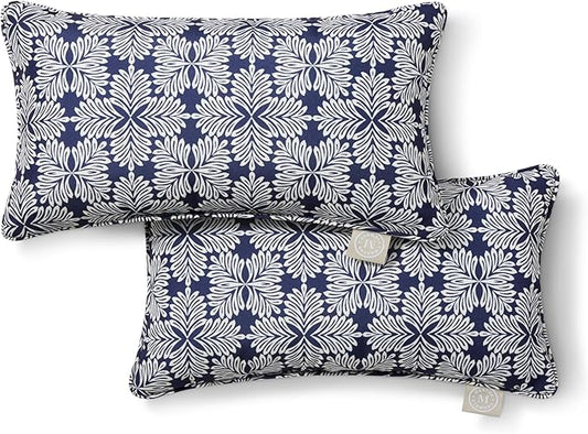 Martha Stewart Tulum Indoor Outdoor Decorative Lumbar Pillow 2-Pack Set, UV Fade Resistant, Water Repellent, Printed Modern Design, Navy Blue, 11"x18"