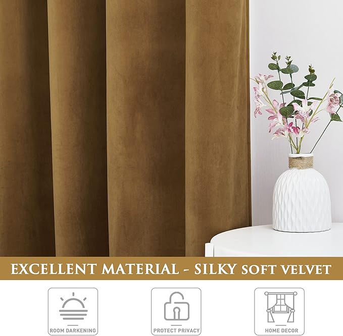 StangH Gold Brown Velvet Curtains for Bedroom, Luxury Retro Home Decor Blackout Thermal Insulated Privacy Window Treatments for Living Room, W52 x L90 Each Panel, 2 Panels