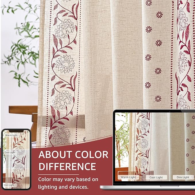jinchan Winslow Linen Curtains for Bedroom 63 Inches Length Embroidered Bordered Floral Curtains for Living Room Farmhouse Decor Light Filtering Window Treatments Red on Beige Drapes 2 Panels