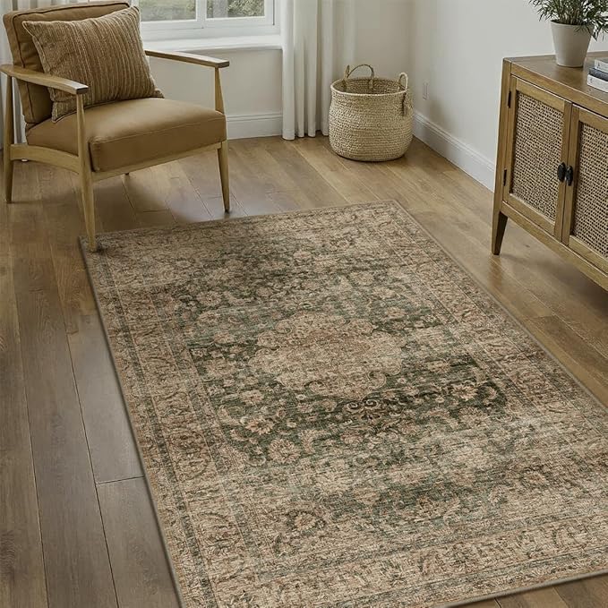 3x5 Washable Area Rug Green Brown Vintage Non Slip Soft Low Pile Rug for Entryway Kitchen Bathroom Distressed Oriental Throw Carpet for Living Room Bedroom Home Decor