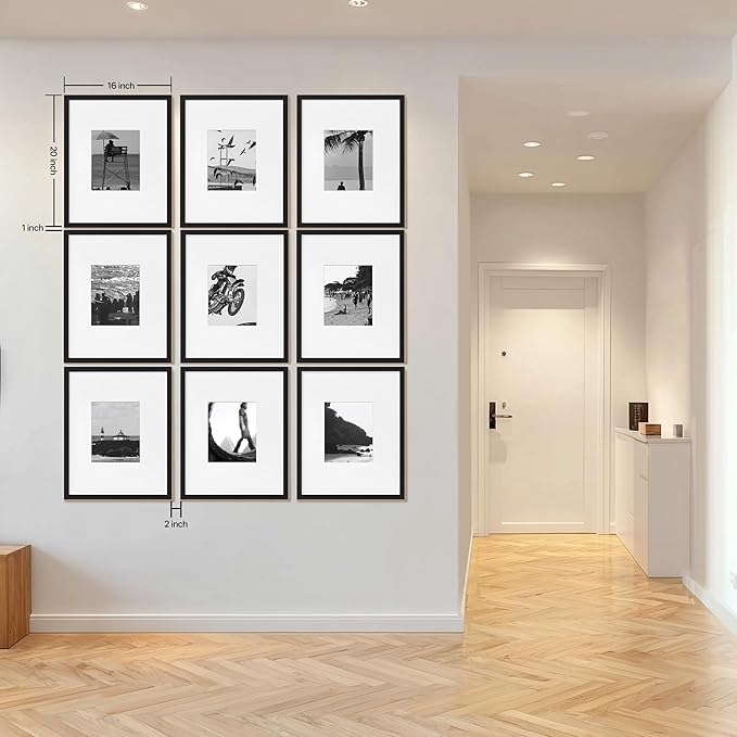 eletecpro 16x20 Picture Frame Set of 9, Display Photos 8x10 with Mat or 16 x 20 Without, Classic Gallery Wall Frame Set for Home, Large Poster Frames for Horizontal & Vertical Mounting, Black