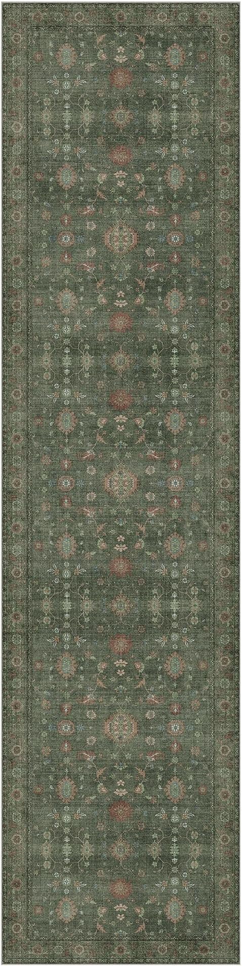 GENIMO Runner Rug for Hallways Machine Washable, 26x12 Non Slip Boho Vintage Lightweight Washable Runners, Thin Floor Rugs for Entryway Hallway Bathroom Laundry Room Corridor, Moss Green