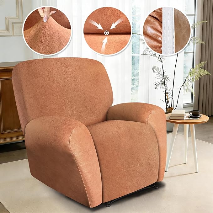 ANARACHON Leather Look Recliner Chair Covers, 4 Pieces Recliner Covers Non Slip, Soft Cover for Reclining Chair, Washable Furniture Protector for Pets (1 Seater, 024 Brown)