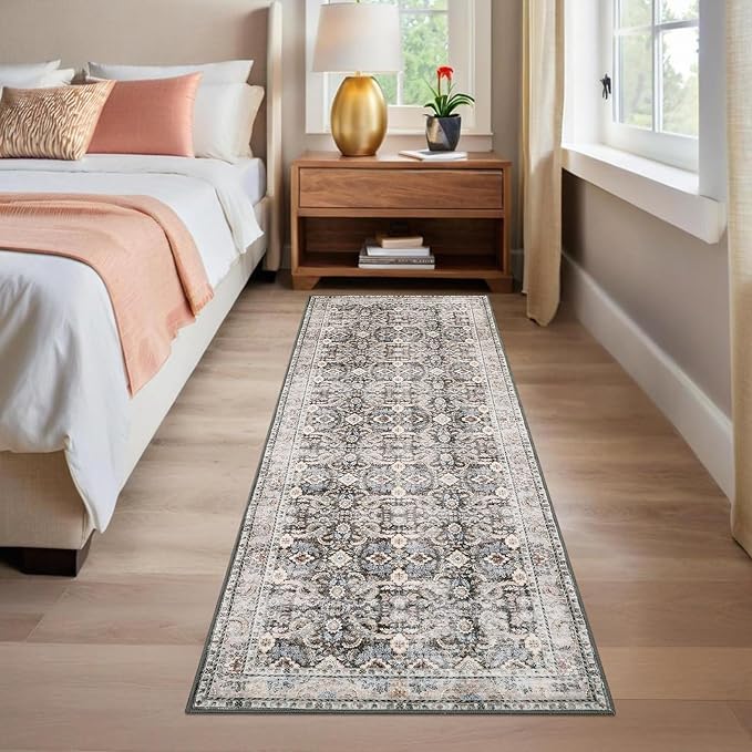 GarveeHome Runner Rug 2x6 Washable Vintage Floral Bathroom Rugs, Non Slip Low Pile Oriental Accent Carpet, Foldable Retro Runners for Hallways, Entryway, Laundry, Kitchen, Beige Brown
