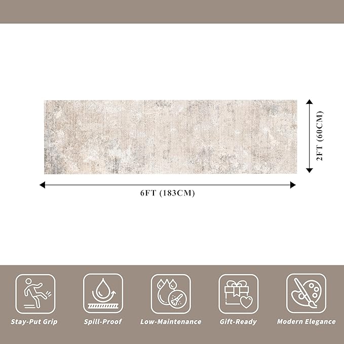 2x6ft Non-Slip Washable Kitchen Rug - Modern Carpet Runner for Hallway,Bedroom Bedside,Laundry Room,Entryway with Rubber Backing – Abstract Neutral Low-Pile Thin (Beige Grey,2x6)