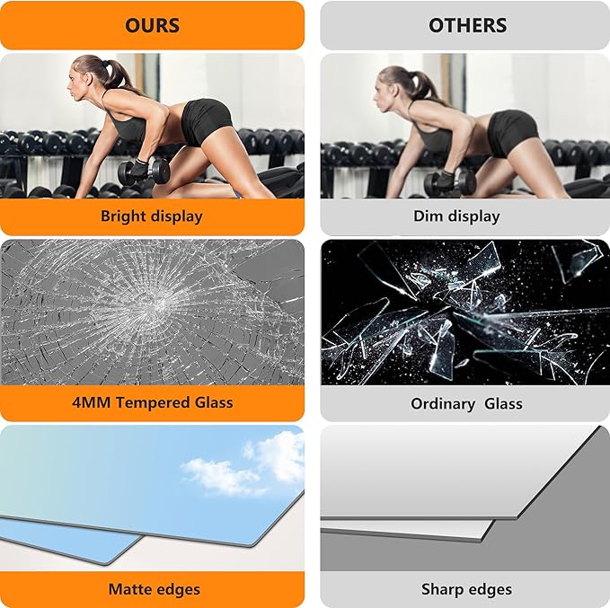 TRAHOME Home Gym Mirror for Wall,60x25x2PCS Full Length,Glass Frameless Body Large Mirror for Home Gym,Workout,Bedroom,Garage(Silver)