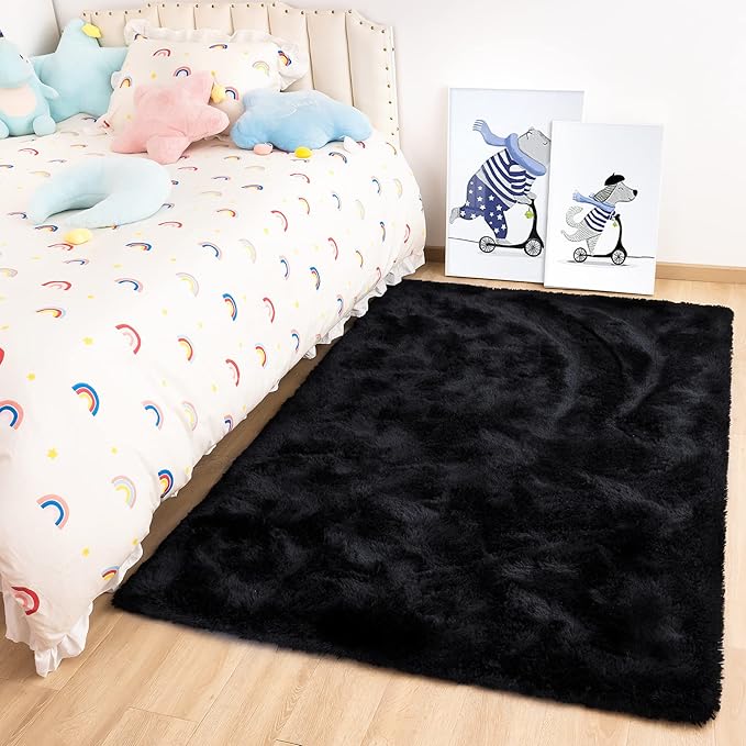 Noahas Fluffy Bedroom Rug,3x5 Feet Plush Fuzzy Black Area Rugs for Living Room, Non Slip Thick Soft Shaggy Nursery Furry Floor Dorm Kids Carpet