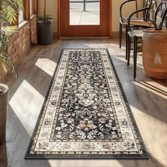 LOKHOM Washable Runner Rug, 2x6 Non-Slip Vintage Hallway Runner Rug with Rubber Backing, Boho Floral Soft Faux Wool Kitchen Rugs Carpet Runner for Laundry Entryway Bedroom (Black)