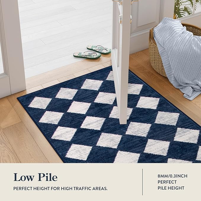 Lahome Zelie Checkered Washable Runner Rug,2x6 Rug Runners for Hallways Non Slip,Blue Kitchen Runner Rug,Moroccan Trellis Soft Low Pile Carpet Runners for Entryway Laundry Room Bathroom(2'x6',Blue)