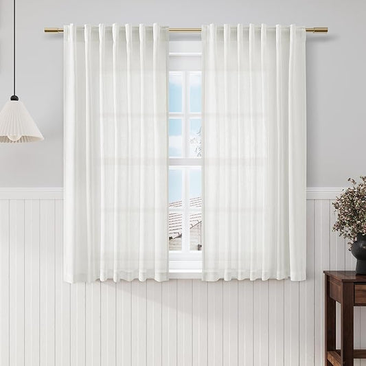 Nanspring Off White Cafe Curtains 54 Inch Length Set 2 Panel Back Tab Pocket Semi Sheer Short Linen White Curtain Tiers for Small Bathroom Window Basement 52x54