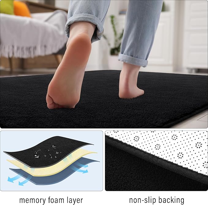 Soft 2x8 Runner Rugs for Bedroom Hallway, Non Slip Long Runners for Kitchen Laundry Dorm Washable, Modern Low Pile Area Rugs for Boys Men, Black