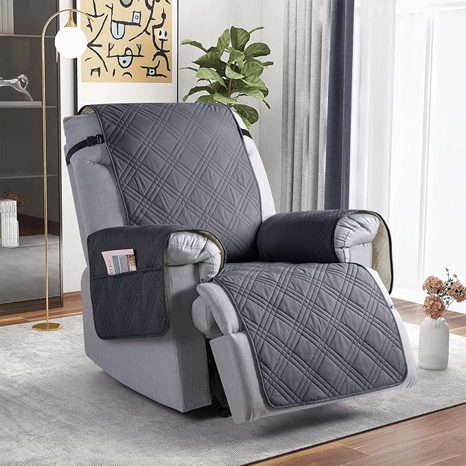 TAOCOCO Waterproof Recliner Chair Covers 30 Inch Wide, Oversized Recliner Covers for Recliner Chair with Pocket, Recliner Slipcovers with Straps Furniture Protector for Kids Pets (30'', Dark Grey)