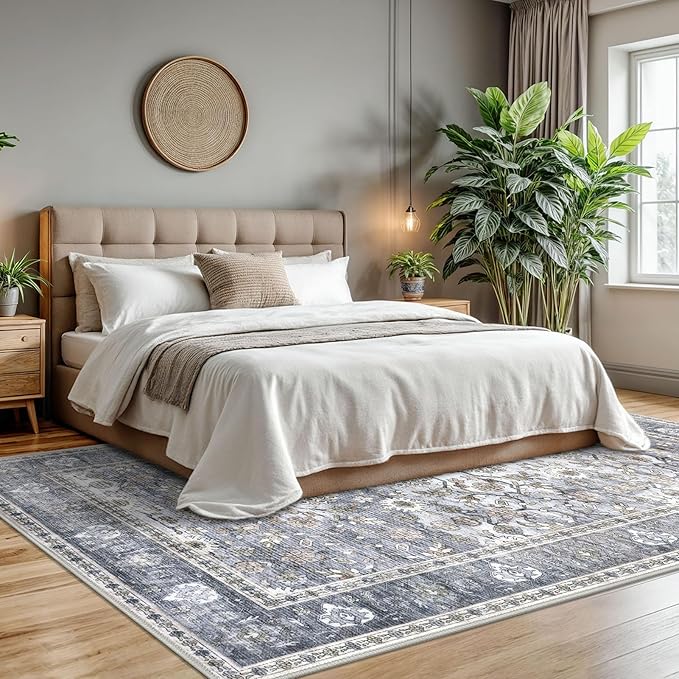 KUTA 8x10 Area Rugs for Living Room, Washable Large Rug for Bedroom 8ft x 10ft Non-Slip, Grey Blue Ultra Thin Soft Printed Vintage Floral Distressed Dining Room Low-Pile Carpet for Office