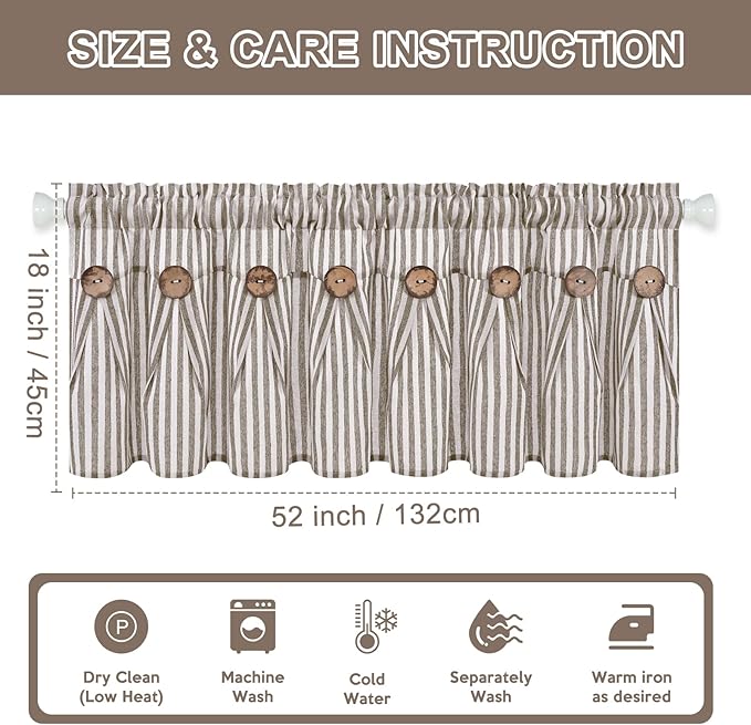 ASPMIZ Farmhouse Valances for Windows, Cotton Linen Kitchen Curtains Valances with Rustic Buttons, Brown Striped Window Valance for Living Room, Boho Valance Curtains for Bathroom, 52 x 18 Inches