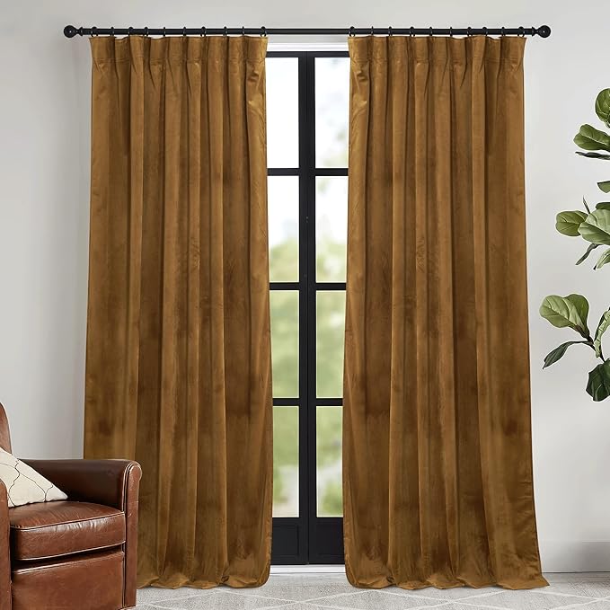RYB HOME Gold Brown Velvet Curtains, Light Blocking, Energy Saving, Vintage Retro Decor, Privacy Vertical Fall Autumn Curtains for Bedroom Living Room Dining Room, W52 x L84 inches, 2 Panels