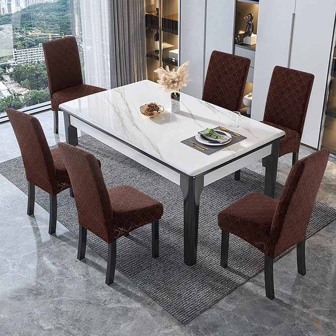 Genina Waterproof Chair Covers for Dining Room, Stretch Jacquard Dining Chair Slipcovers Removable Washable Chair Protector for Kitchen, Hotel, Restaurant (Jacquard-Chocolate, 2 PCS)