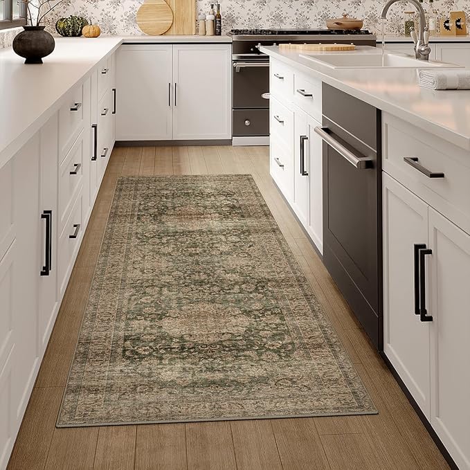 2x5 Washable Runner Rug Green Brown Vintage Non Slip Soft Low Pile Hallway Kitchen Rug Distressed Oriental Carpet for Laundry Bathroom Bedroom Living Room Home Decor