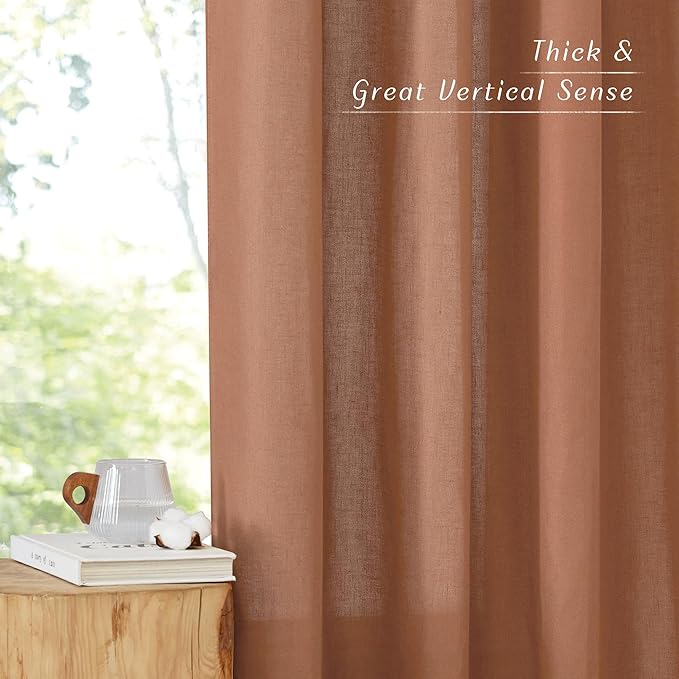 NICETOWN Caramel Linen Curtains for Kitchen, Thick Flax Small Window Treatments Semi Sheer Privacy Assured with Light Through for Cafe/Bathroom, W42 x L96, 2 Panels