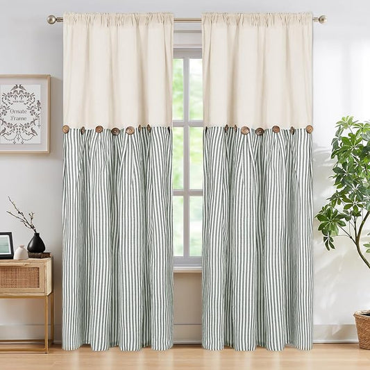 ASPMIZ Cotton Linen Farmhouse Curtains Boho Rustic Button Curtain, Linen Window Curtain Panels Green Stripe Country Curtains for Living Room Bedroom, Back Tab Window Drapes, 52 x 84 Inch, 2 Panels