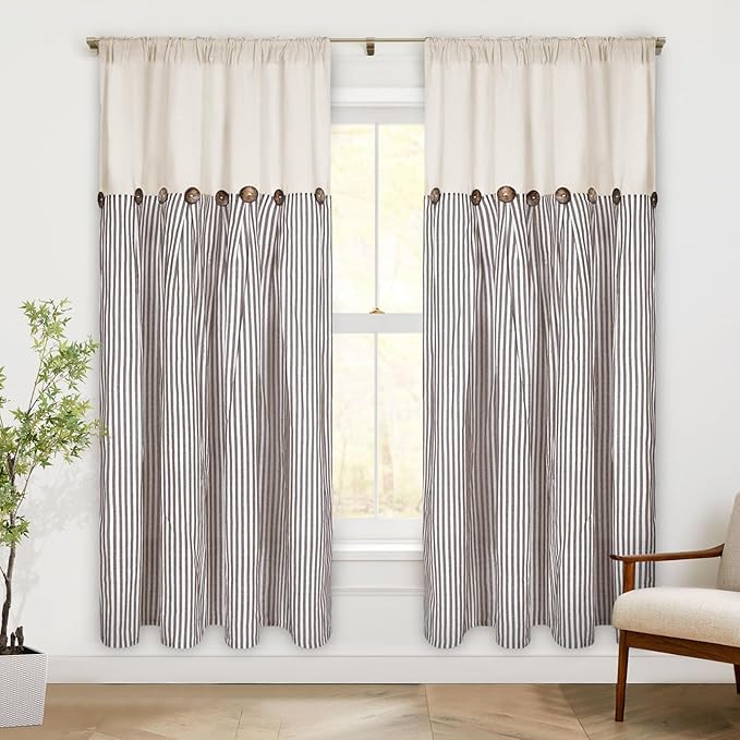 ASPMIZ Cotton Linen Farmhouse Curtains Boho Rustic Button Panel, Country Window Curtain Panels, Brown Stripe Modern Curtains for Living Room, Back Tab & Rod Pocket Curtain 52 x 63 Inch, 2 Panels